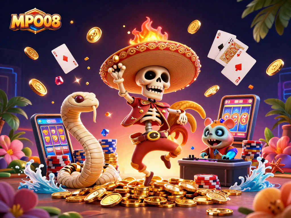 MPO08 interactive gaming scene with a skeleton mariachi rooster, mummy snake, and a DJ hamster amidst golden coins and casino symbols.