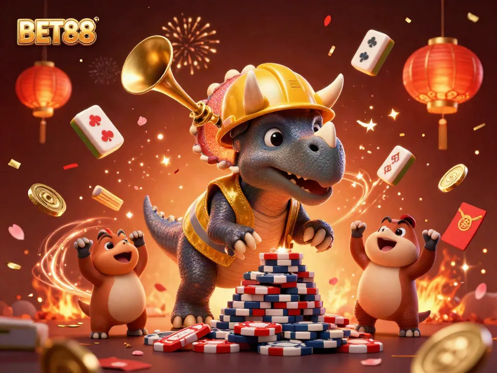 BET88 mang đến không khí lễ hội với triceratops xây dựng chồng chip poker và những yếu tố may mắn.