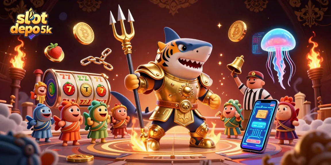 Permainan slot depo 5k yang menarik dengan karakter ikan hiu dan elemen slot seru.