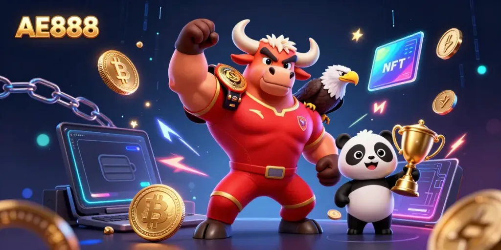 Experience the exciting games at AE888 with vibrant characters and dynamic casino elements.