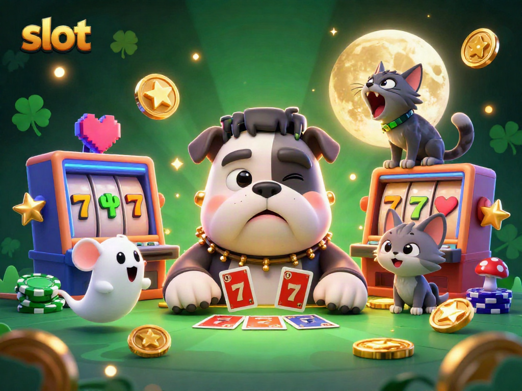 Engaging slot scene with a Frankenstein bulldog and ghost mouse showcasing vibrant slots and jackpots.