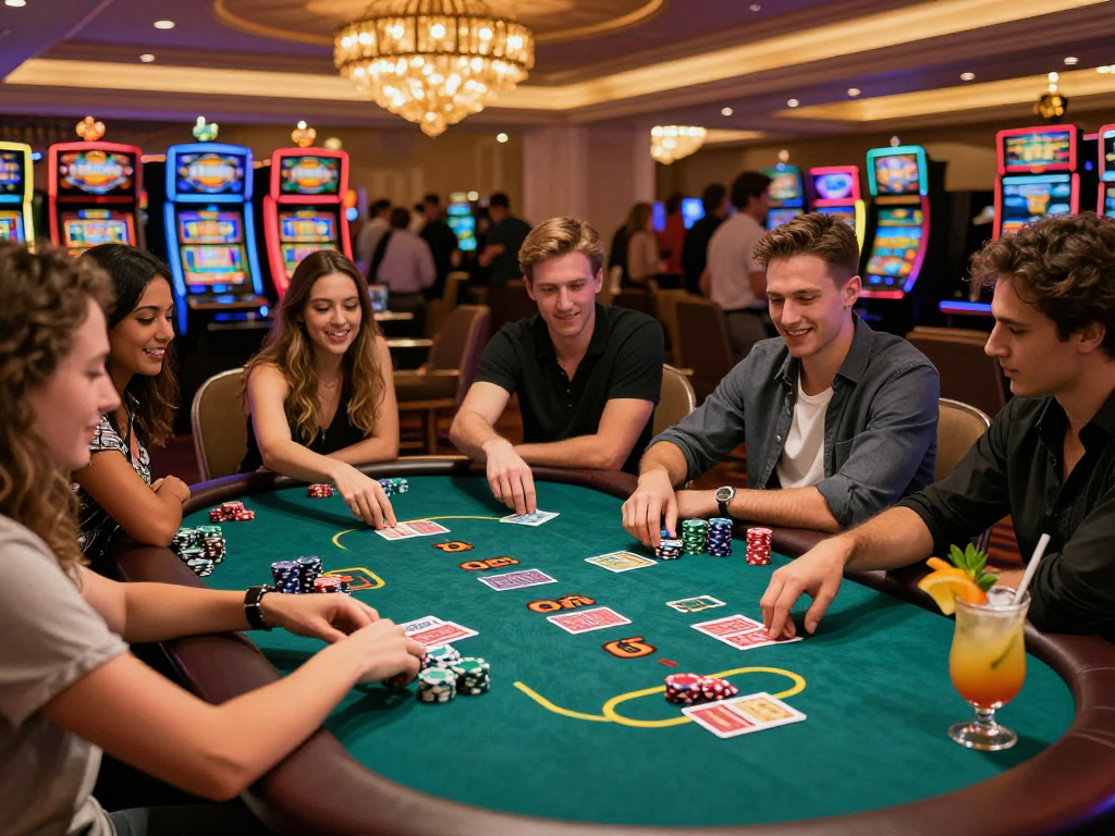 Permainan bos88 yang meriah dengan teman-teman di meja poker, suasana seru terasa.