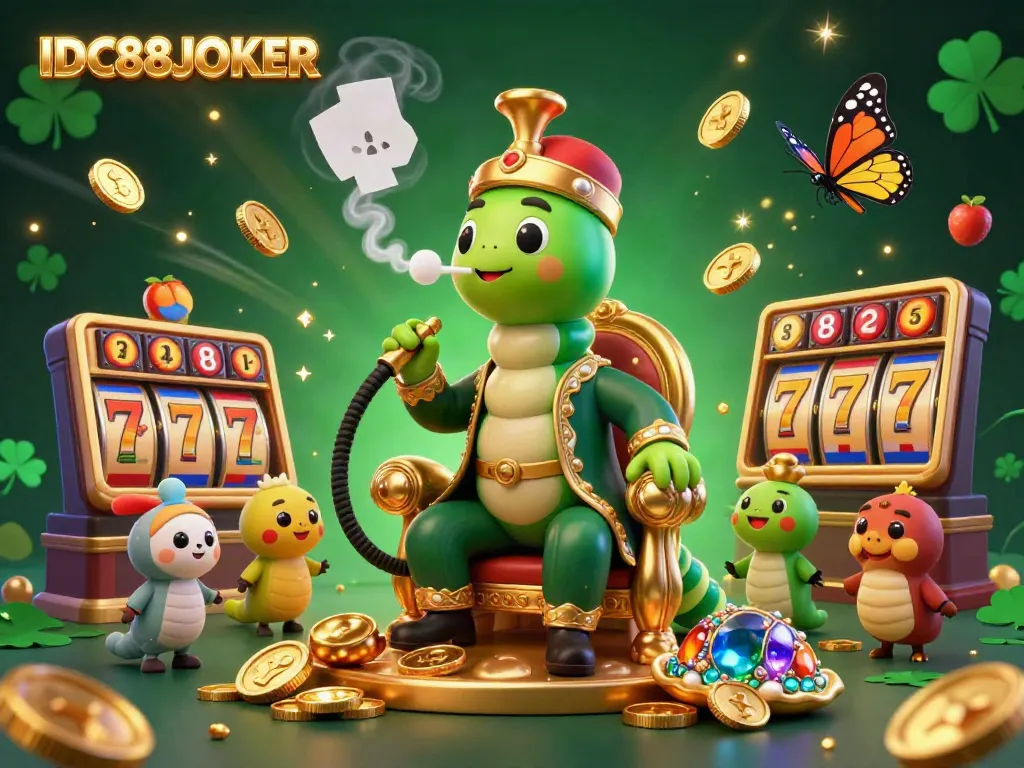 Experience the thrill of IDC88JOKER with vibrant slot symbols, golden coins, and a whimsical caterpillar character.