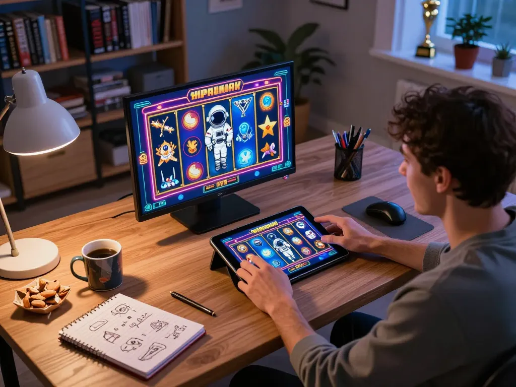 Berinteraksi dengan permainan slot spaceman di tablet di kantor rumah yang stylish menciptakan suasana kasino online yang menarik.