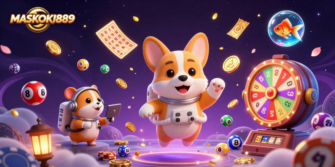 Join the excitement at MASKOKI889 with a vibrant space casino scene featuring floating lottery elements.