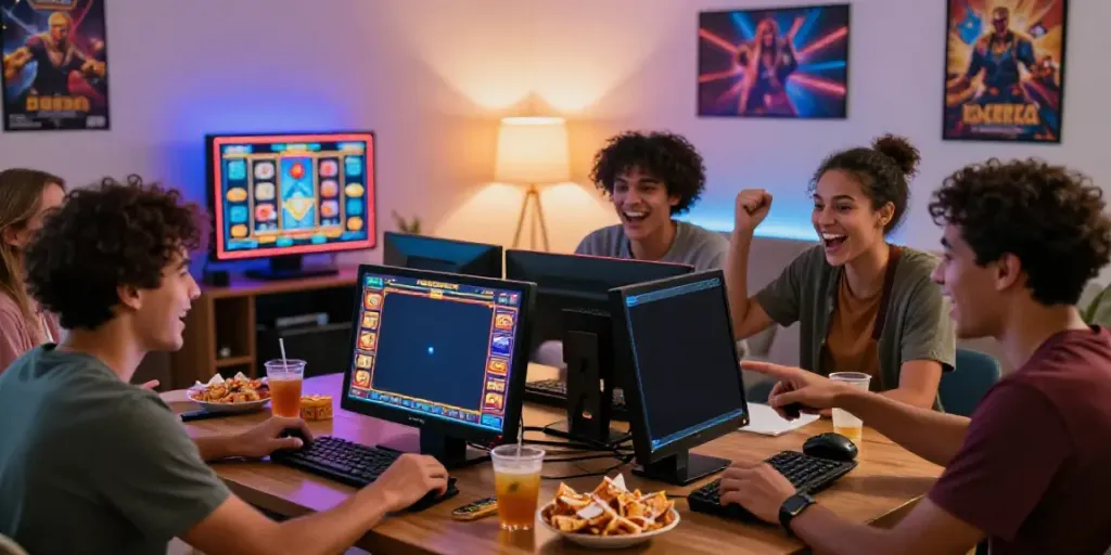 Teman bermain harumslot di rumah dengan atmosfer ceria dan LED warna-warni.