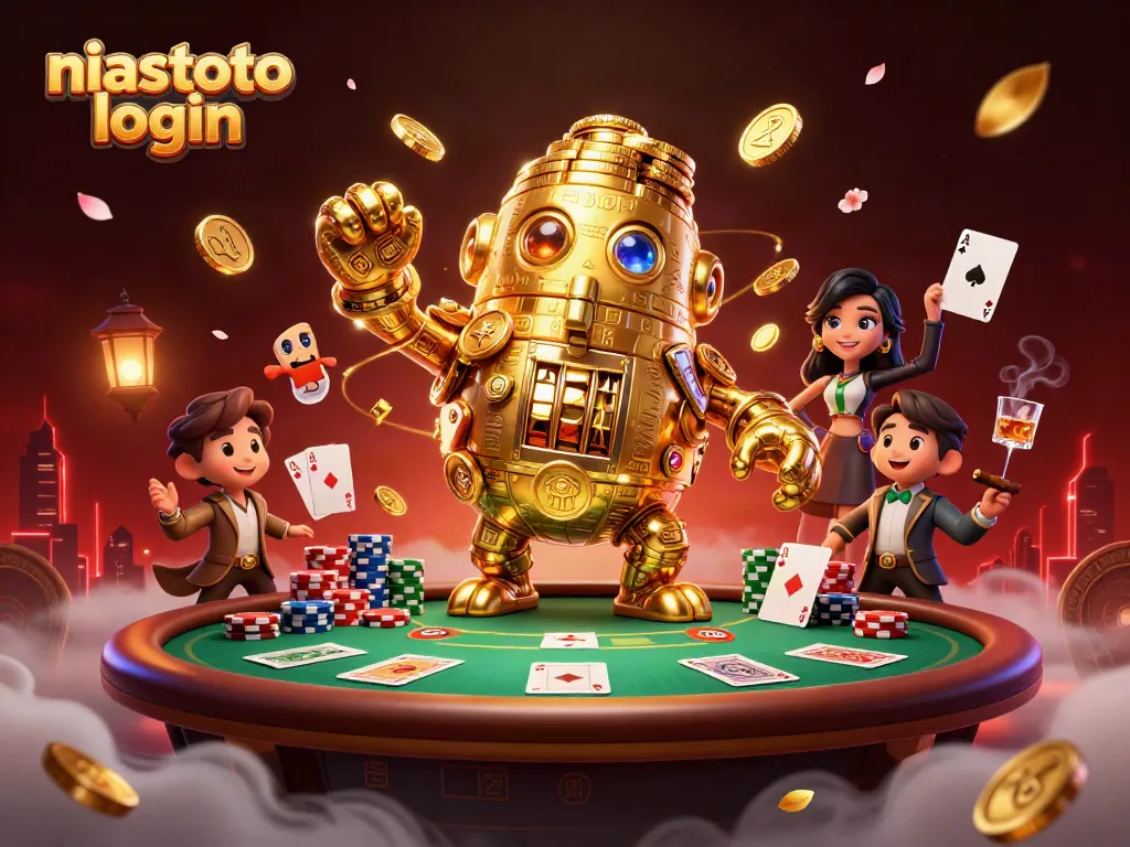 Gambarkan niastoto login di kasino dengan golem emas dan meja poker yang penuh aksi.