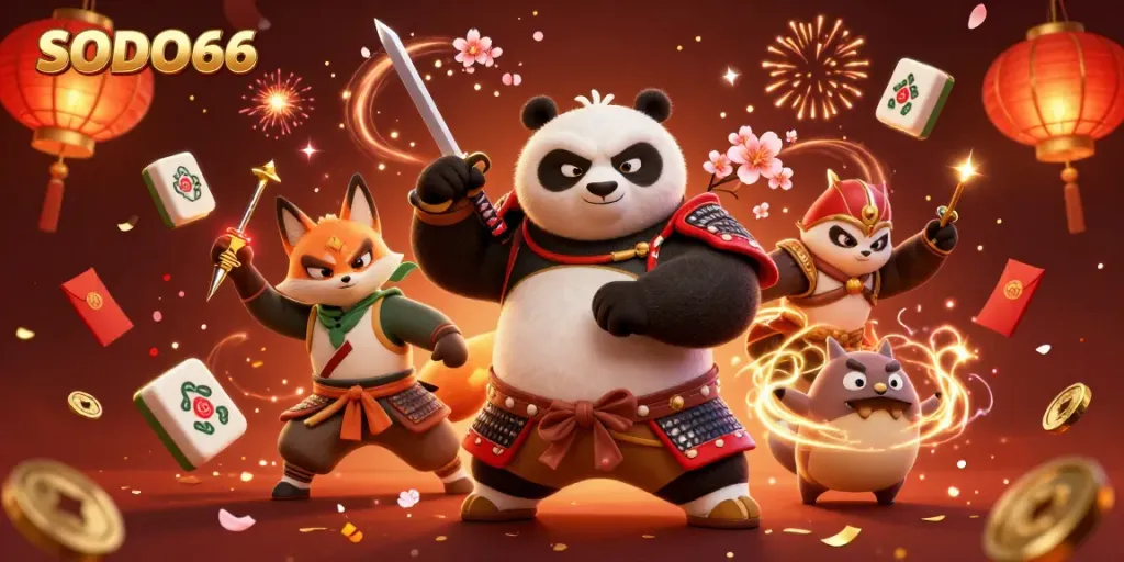 SODO66 casino characters engage with floating game elements in a vibrant 3D scene.