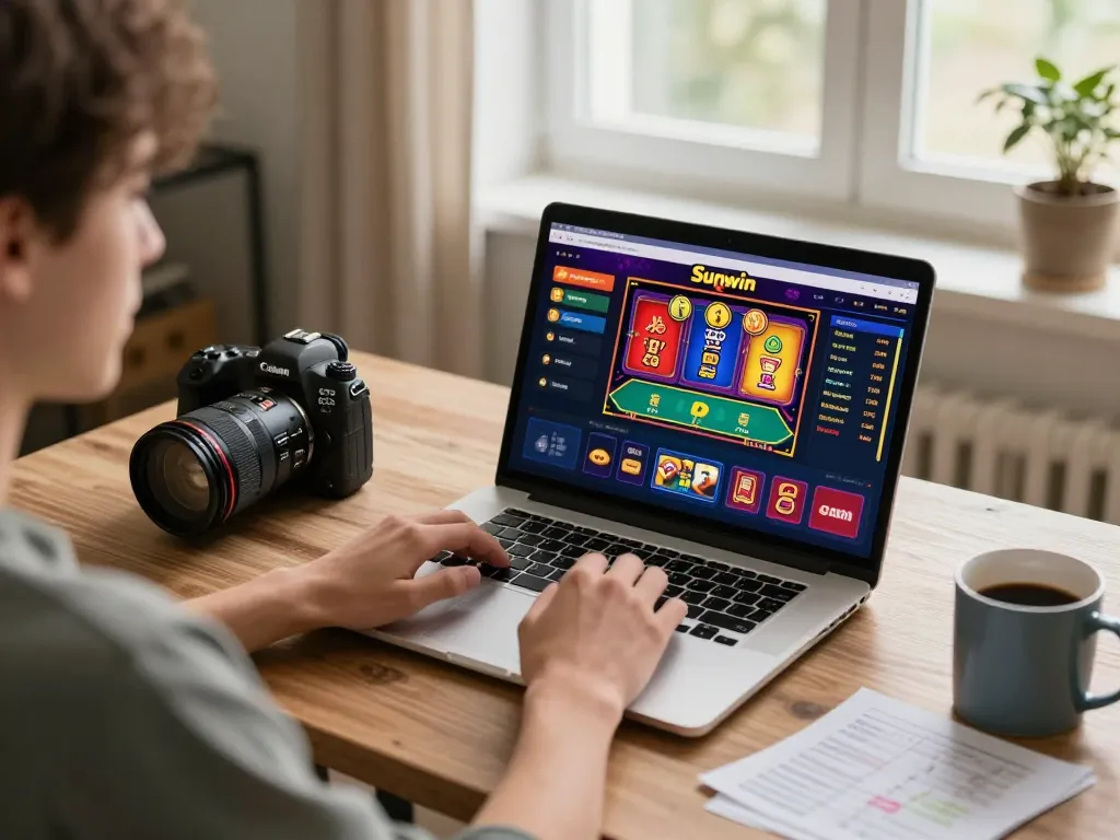 Engaging in Sunwin online casino gaming with colorful interface displayed on laptop screen
