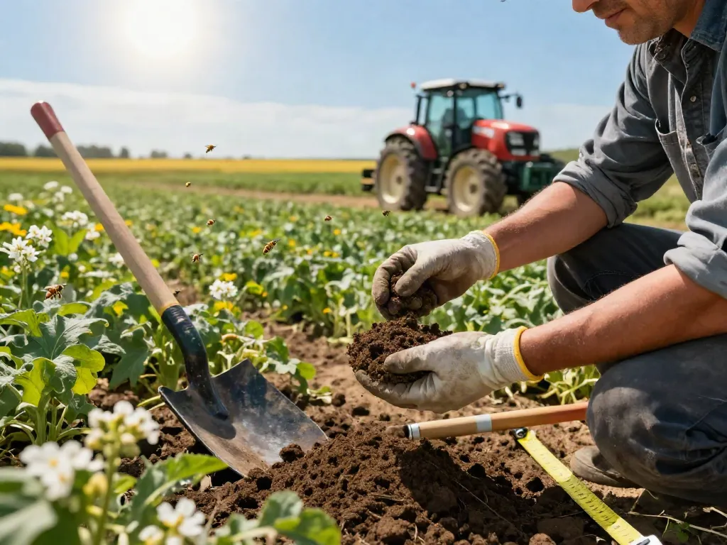 Petani menganalisis kualitas tanah di ladang dengan keyword pecah25, dikelilingi oleh tanaman subur dan alat pertanian.