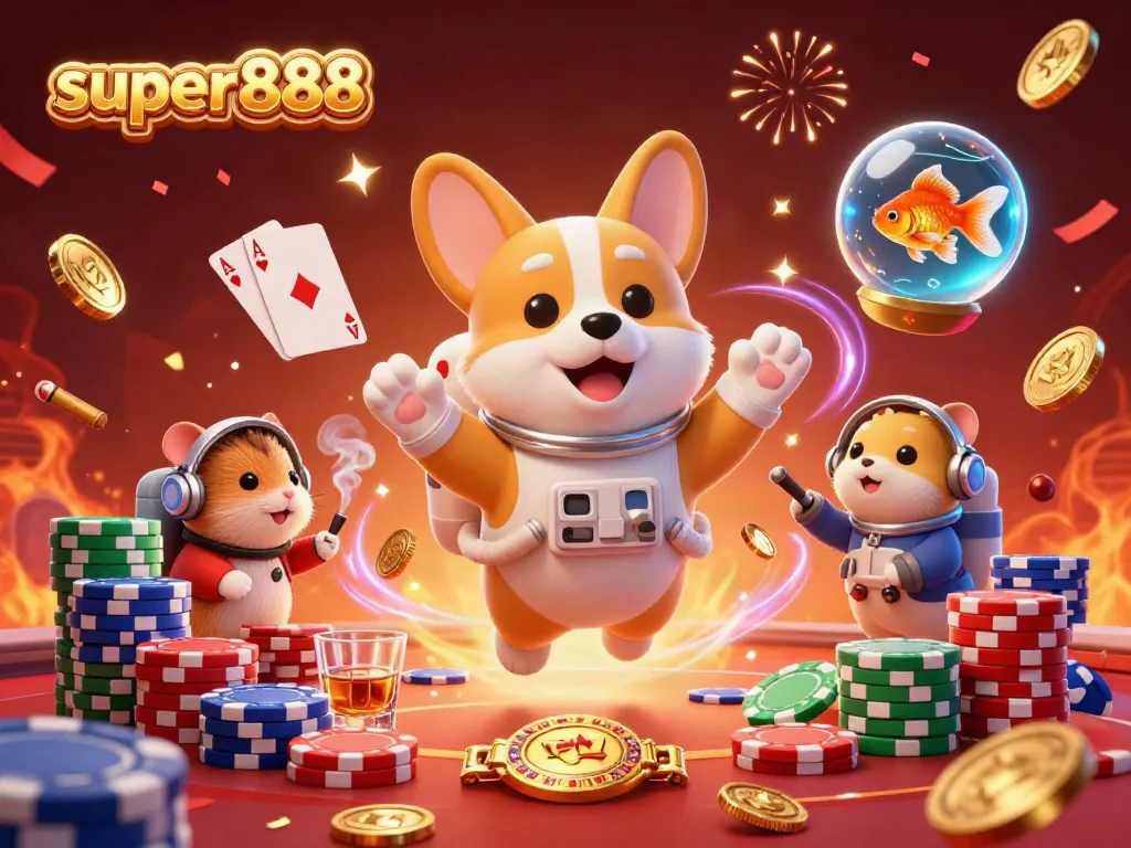 Pesan super888 dalam slot online dengan ilustrasi unik, melibatkan slot reels dan karakter imut.