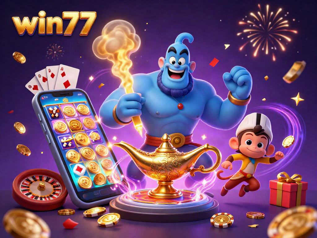 Memenangkan keuntungan di win77 dengan genie dan slot yang memikat di bawah confetti berkilauan.