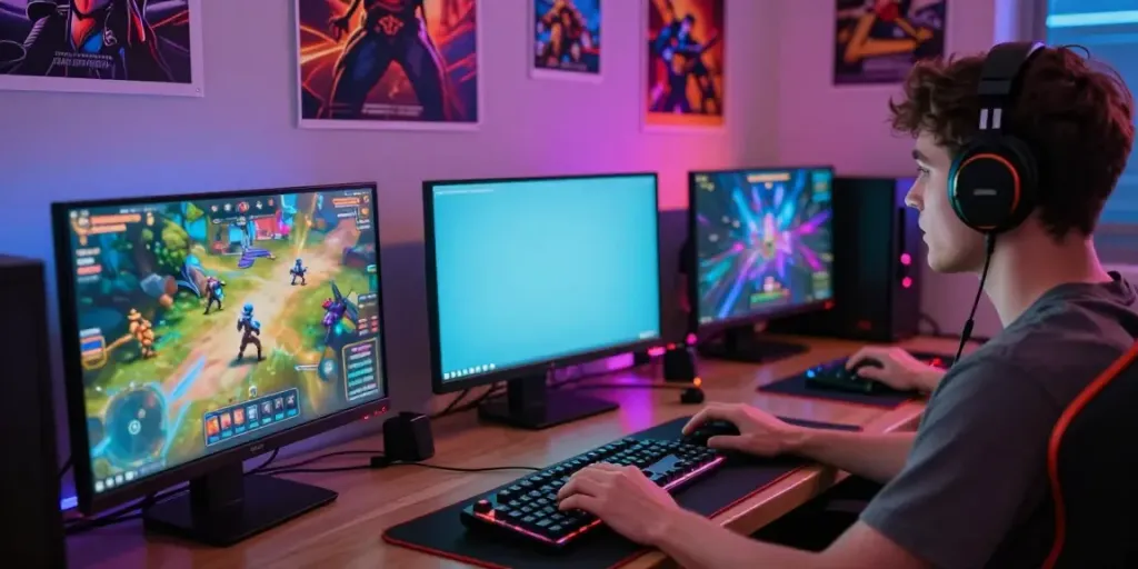 Engaged gamer using www.torinobaking.com in a vibrant gaming setup with multiple monitors.