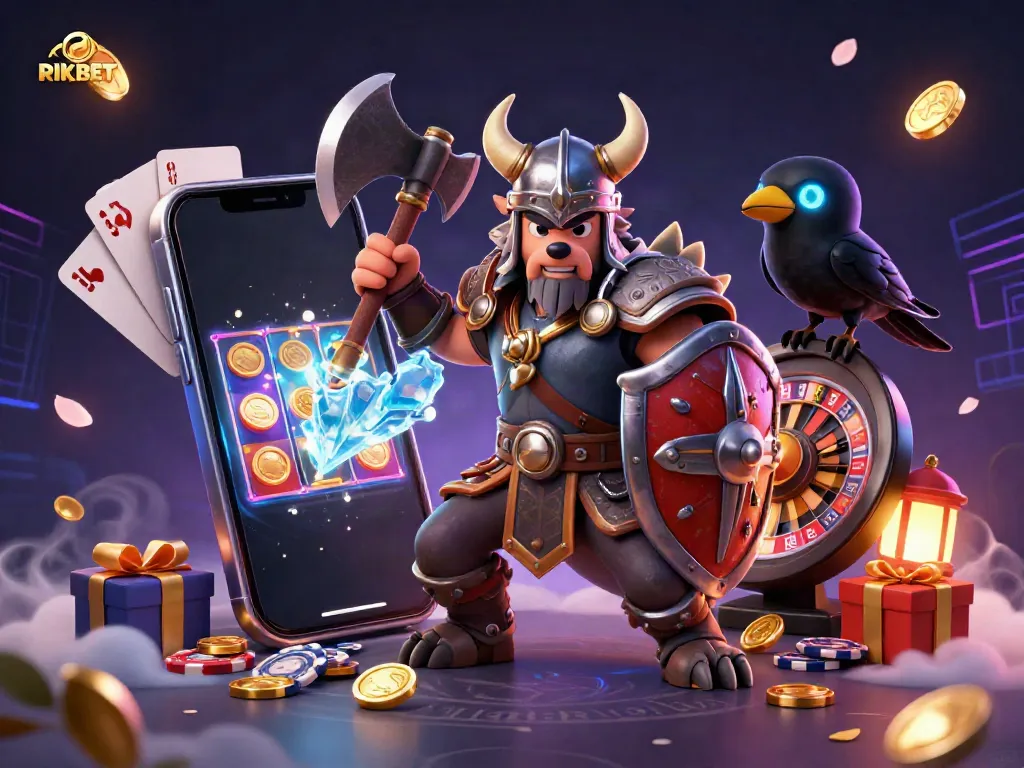 Engage in thrilling gaming adventures with RIKBET featuring a Viking warrior, a fierce dragon, and casino elements.
