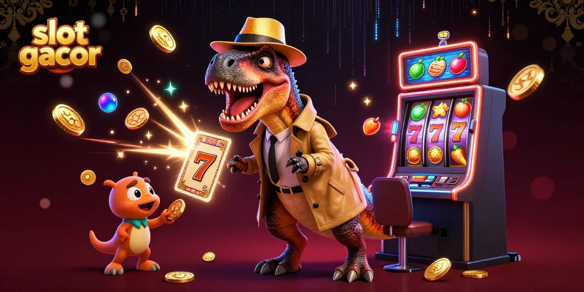 Experience the thrill of slot gacor in this dynamic scene with cartoon dinosaurs and casino elements.