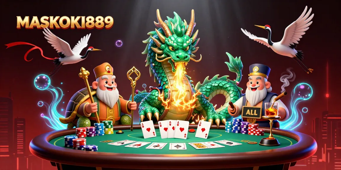 Engage players with the enchanting scene of MASKOKI889 showcasing symbols of luck and casino excitement.
