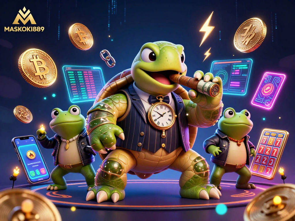 Experience the excitement of MASKOKI889 with a lively casino scene featuring engaging characters and neon-sparked action.