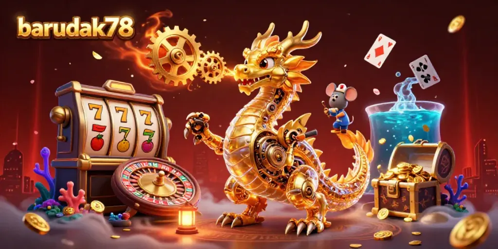 Gambarkan aksi kasino yang menarik dengan barudak78, naga emas dan permainan slot yang menang.