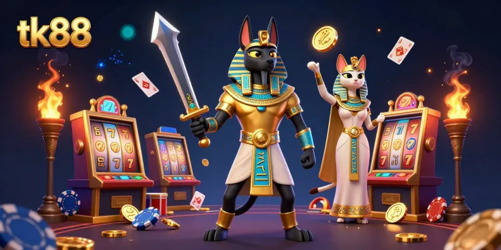 Engage with tk88's thrilling casino games featuring Anubis and Bastet in an electrifying 3D scene.