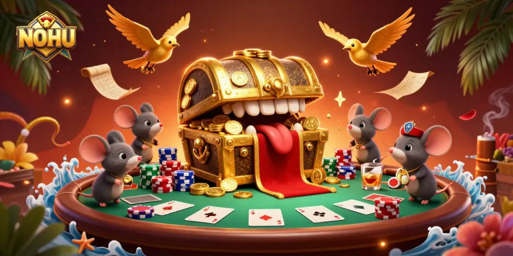 Join the fun at NOHU with riches from a treasure chest in a vibrant poker scene.