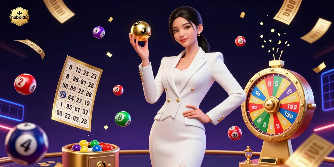 Experience the thrill with habibi88 as vibrant lottery balls bounce around a confident casino queen.