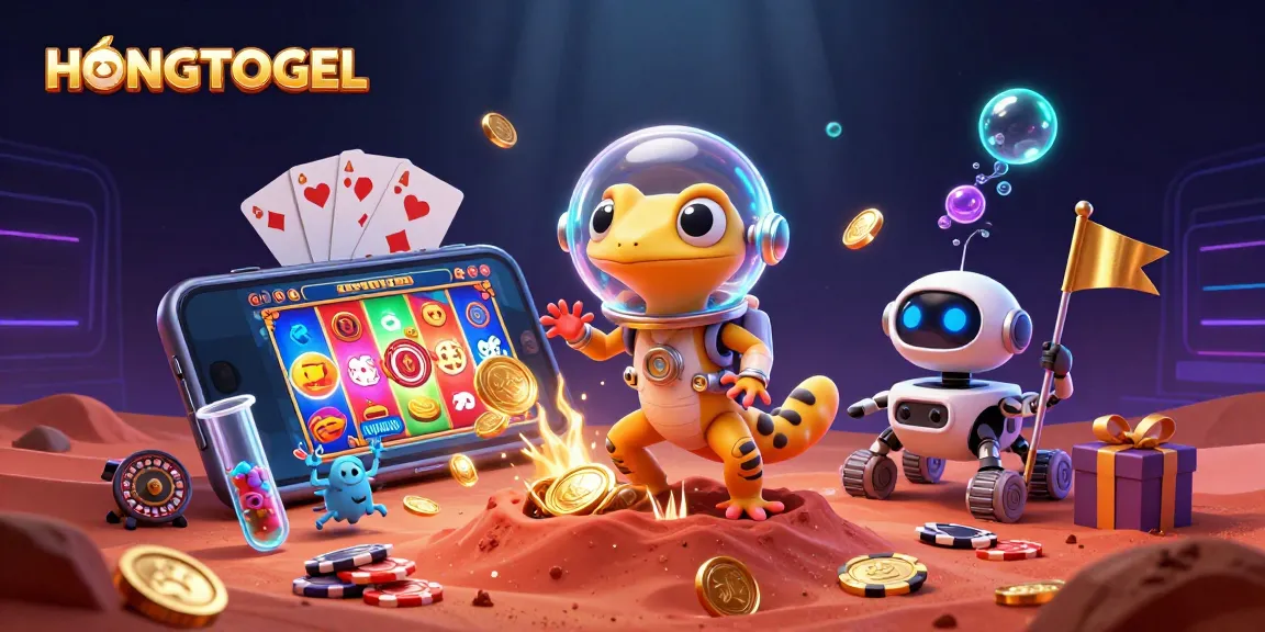 Pemain HONGTOGEL merayakan jackpot dengan gecko berbaju luar angkasa dan robot bendera dalam kasino emas.