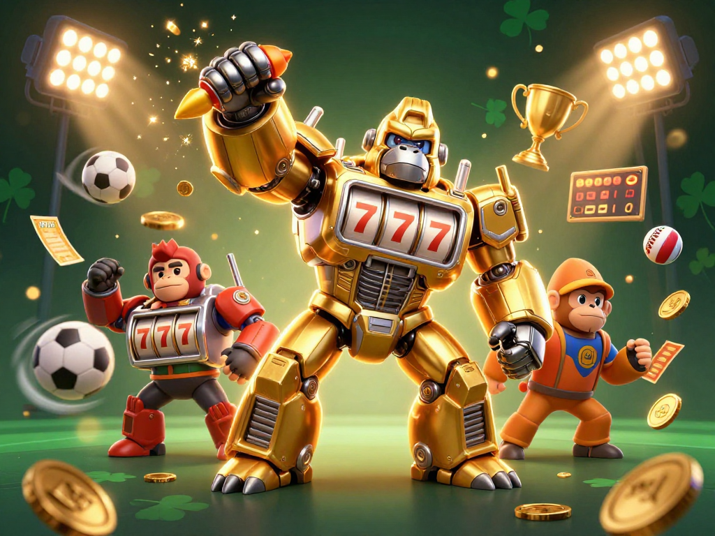 MASKOKI889 showcases a dynamic gaming experience with a golden gorilla mech and sports elements.