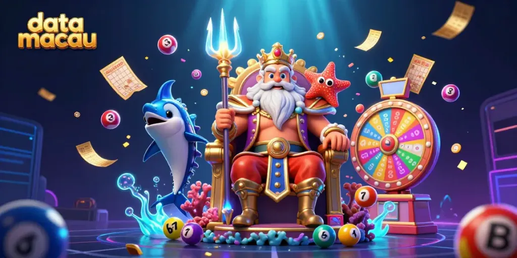 Engaging scene showcasing data macau with cartoon Neptune, lottery elements, and vibrant colors.