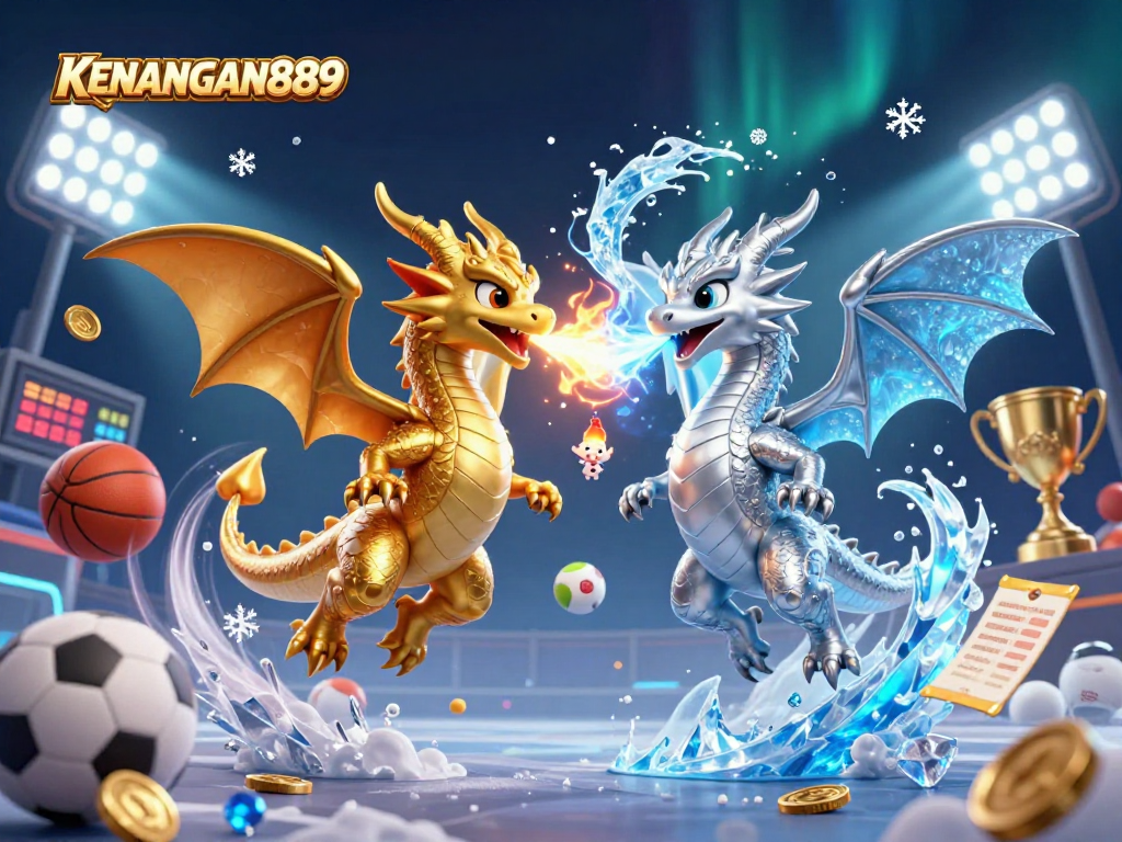 Experience KENANGAN889 with action-packed dragons and dynamic sports elements in a vibrant casino scene.