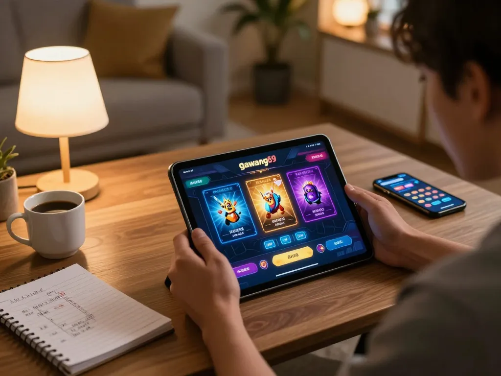 Engaging in online gaming on gawang69 with a modern tablet in a cozy home setting, highlighting responsible gambling.