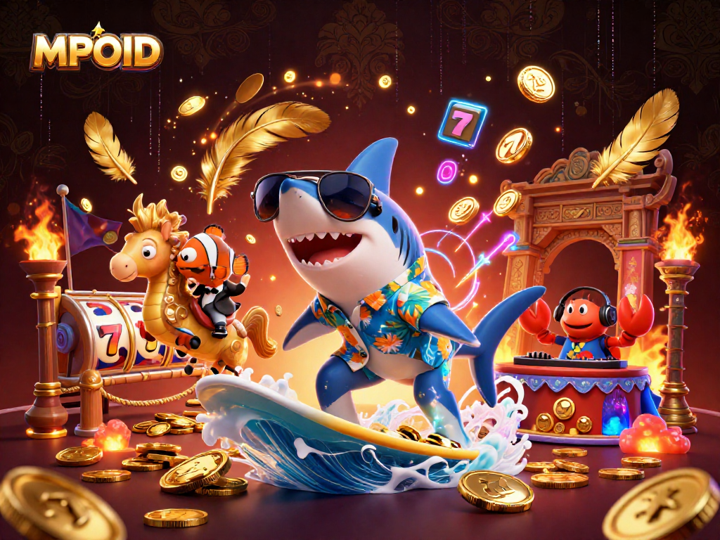 MPOID elevates gaming excitement with a shark surfing on gold coins amidst vibrant casino elements