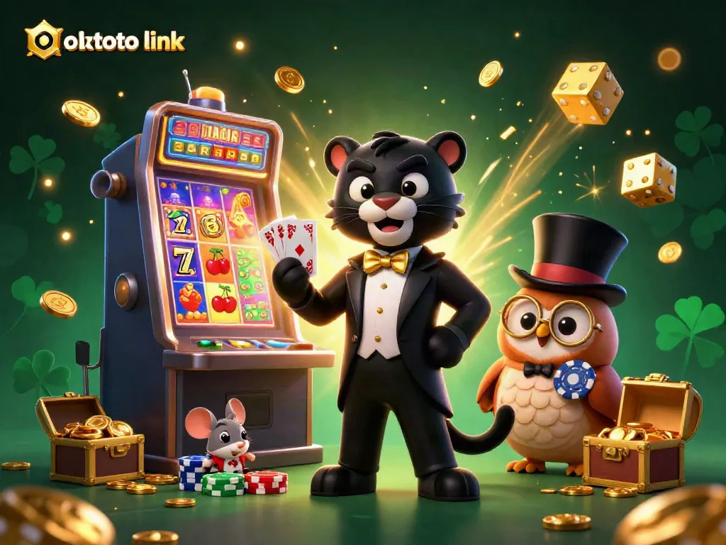 Experience vibrant gaming action with the olxtoto link, featuring a stylish black panther and lucky characters in a thrilling casino scene.