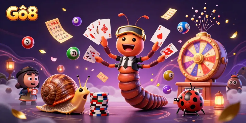 Gô8 players enjoying energetic casino games with vibrant lottery elements, enhanced by dynamic characters.