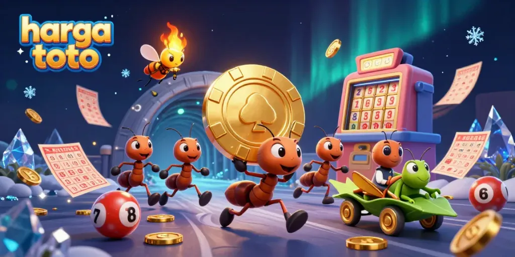 Ant tim 3D membawa chip poker emas dengan tema togel di latar belakang magis dan penuh warna.