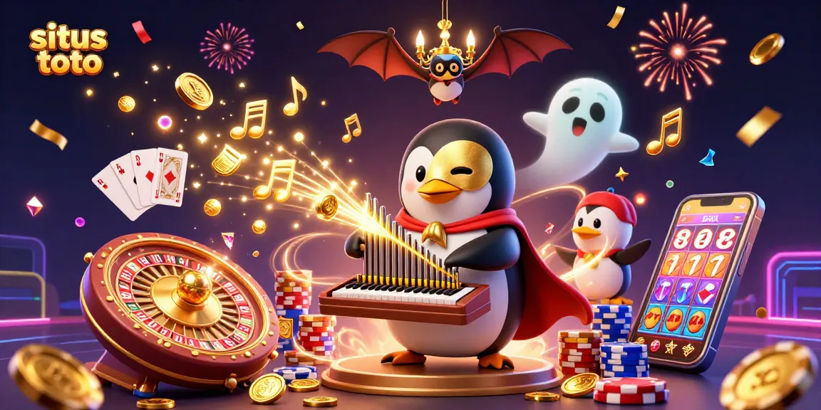 Gambarlah situs toto yang menarik dengan penguin opera kartun dan koin emas terapung.