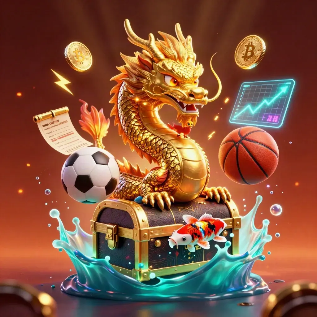Naga emas, phoenix, koi, koin kripto, bola sepak, dan basket dalam kilau neon premium.