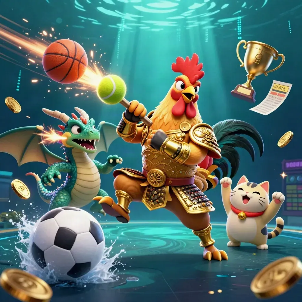 Ayam samurai, naga kecil, dan kucing hoki di tengah bola dan kilatan neon.