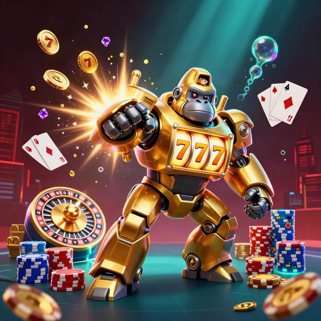 Gorila mech emas dengan pilot monyet, koin, permata, dan roda roulette di latar merah gelap neon.