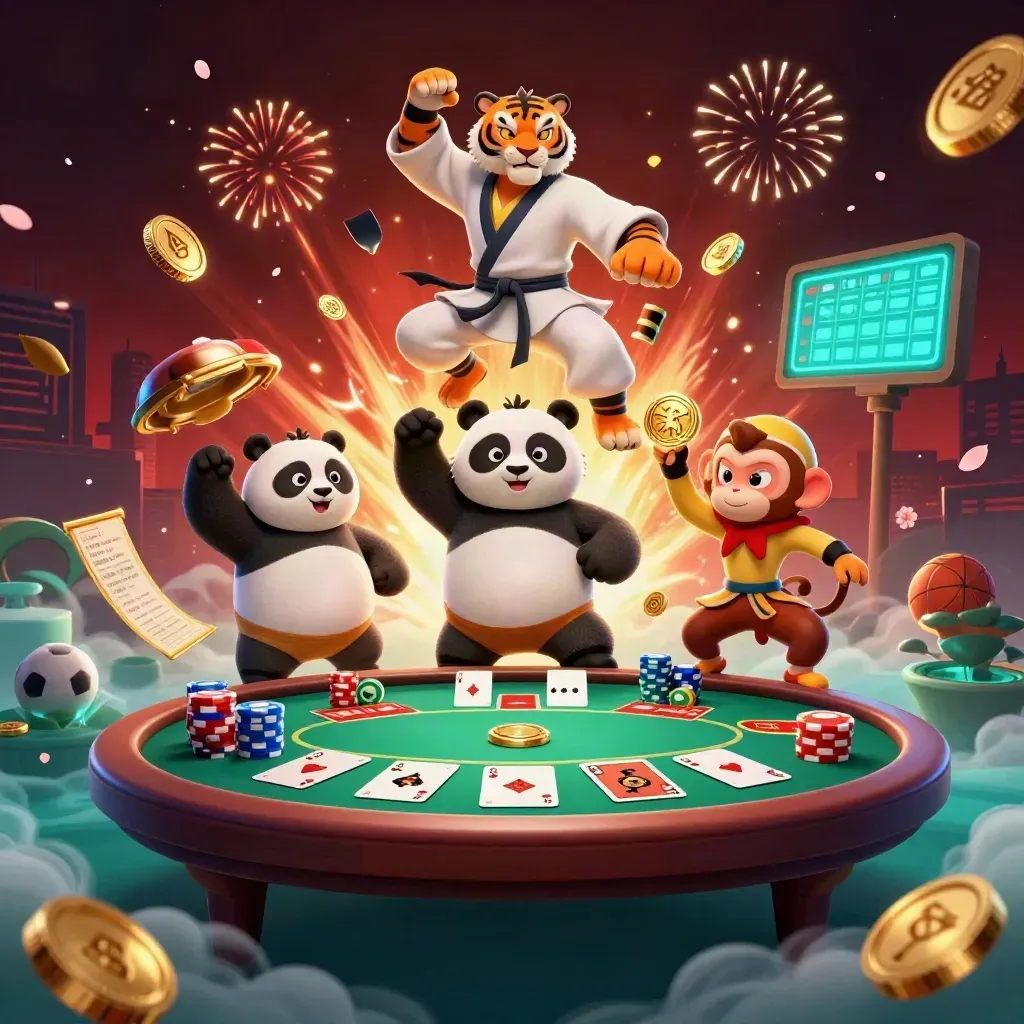 Harimau kung-fu, panda, dan monyet di ledakan emas, koin, kartu, dan neon kasino maritim.