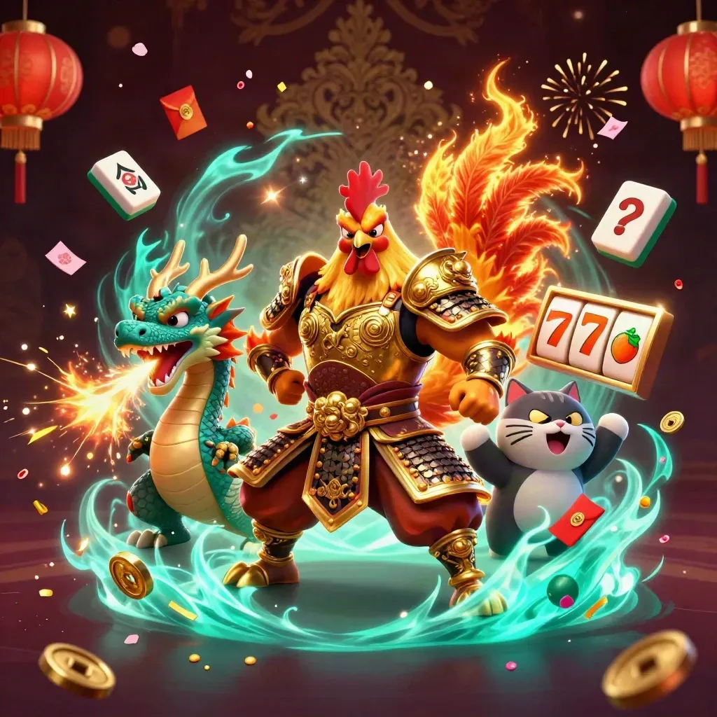 Ayam samurai, naga kecil, dan kucing keberuntungan dikelilingi simbol slot dan cahaya mewah.