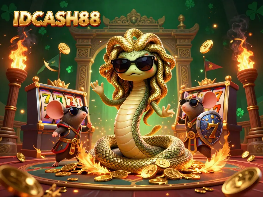 Experience thrilling gameplay at IDCASH88 with vibrant Medusa and warrior characters amidst dynamic casino scenes.