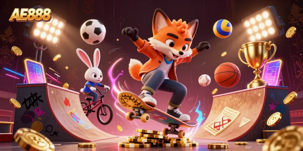 Experience the thrill of gaming at AE888 with dynamic 3D elements and characters expressing excitement.