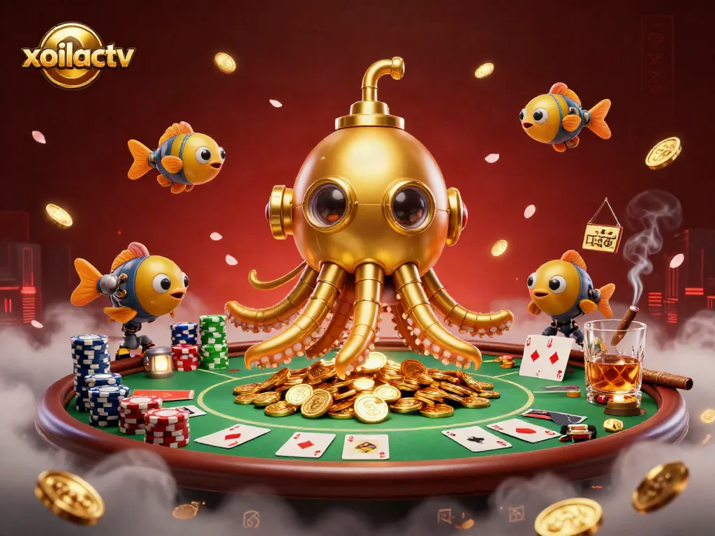 Experience thrilling gameplay with xoilactv's dynamic scene featuring the golden kraken submarine and poker elements.