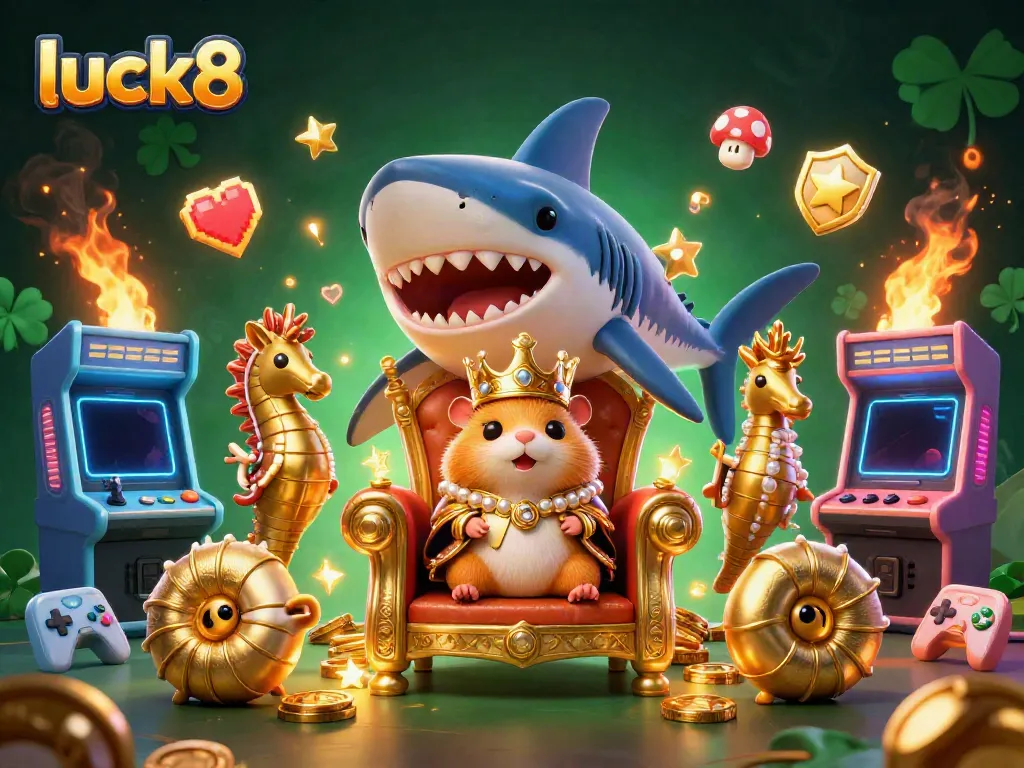 Experience vibrant excitement at luck8 with a golden hamster king and arcade-themed casino illustration.