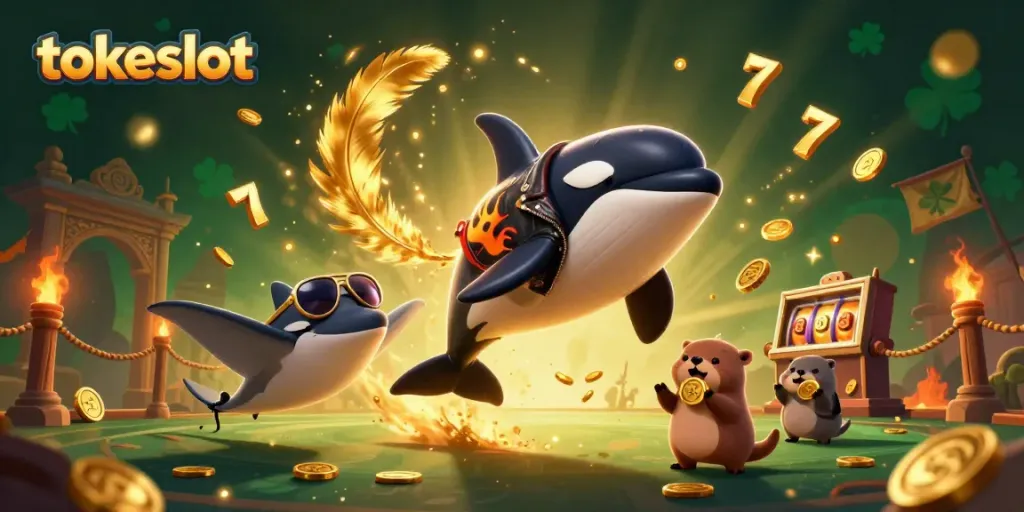Engage with tokeslot as a 3D cartoon orca jumps alongside gold-coin-holding sea otters and a stingray, enhancing the gaming experience.