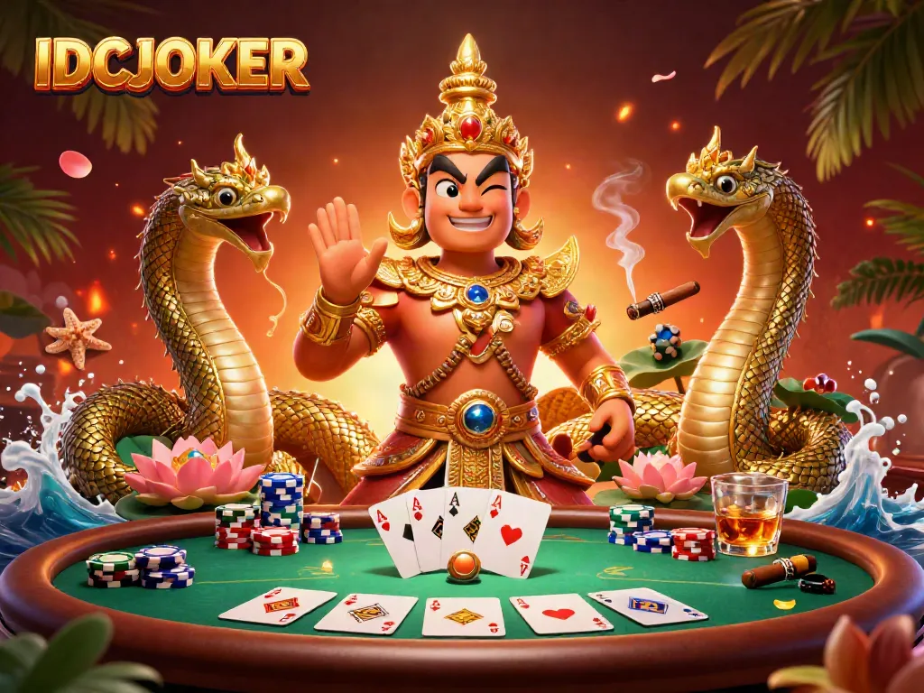 Engage in thrilling action with IDCJOKER, showcased in a vibrant, dynamic poker scene surrounded by colorful game elements.