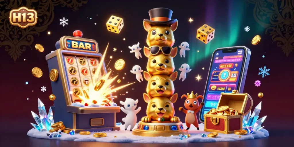 Engage with H13 in a lively casino scene featuring a totem pole among slot machines and sparkling elements.