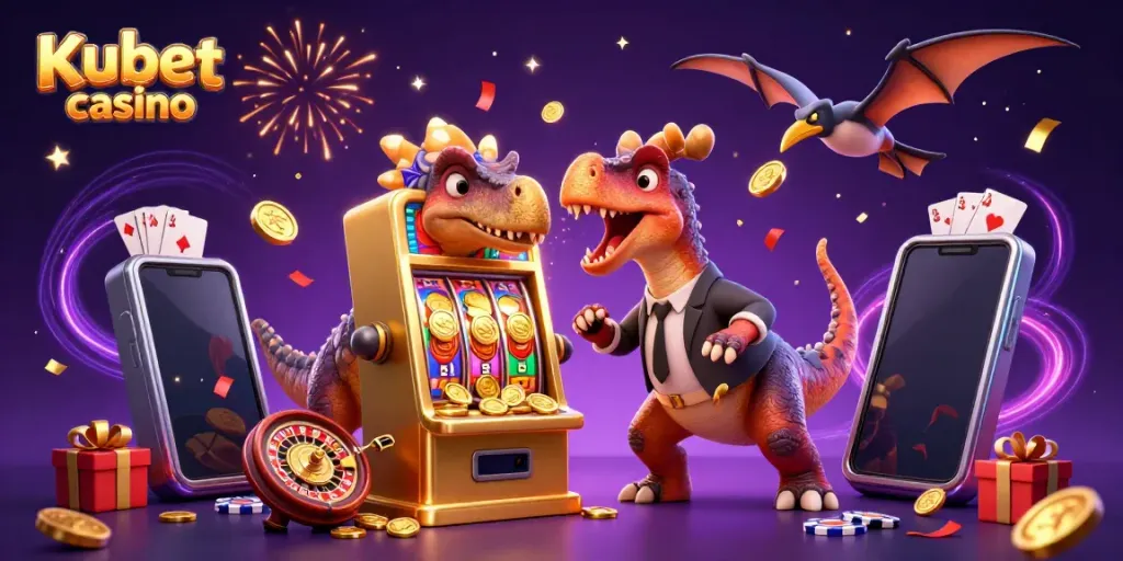 Experience Kubet casino excitement with cartoon characters celebrating a jackpot, coins flying around.