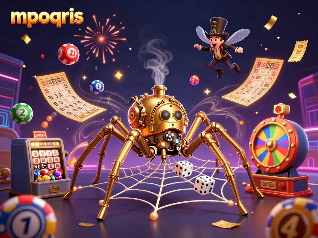 Slot mpoqris yang mengasyikkan dengan karakter kartun seru dan alat permainan lotere berwarna-warni.