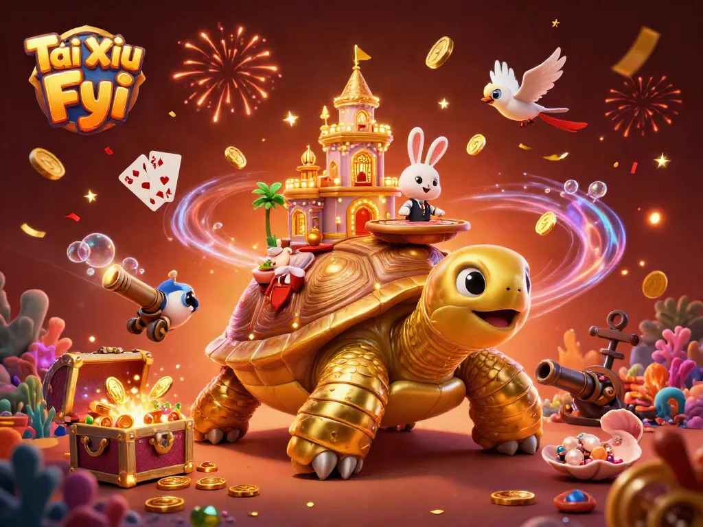 Experience Tài Xỉu Fyi's vibrant gaming scene with a golden tortoise casino and a rabbit dealer.